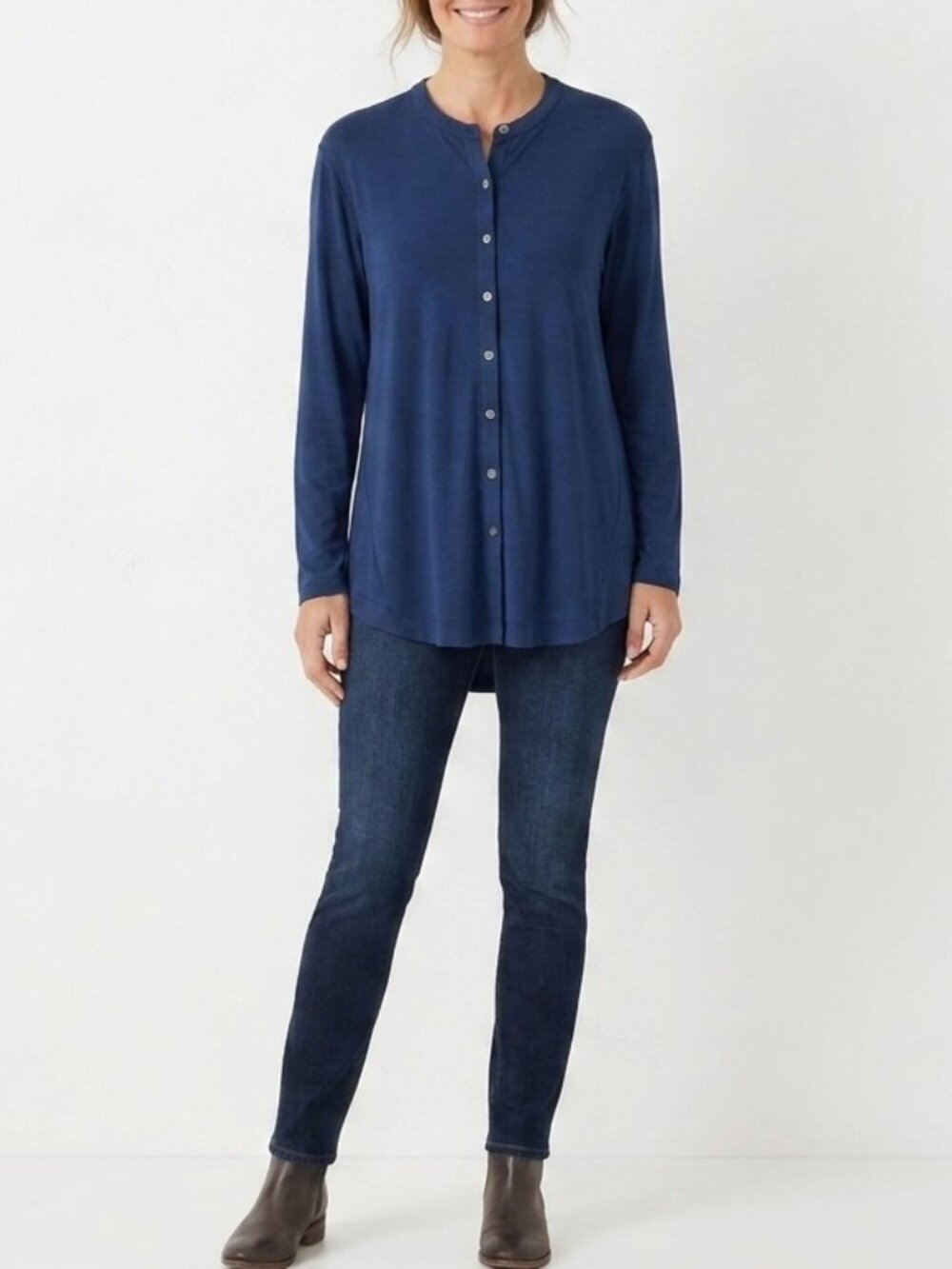 J Jill Wearever Collection Blue Button Front Tunic Top Size XS Casual Minimalist